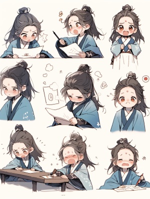 A little girl in a blue robe reads, traditional clothes, animated character design, Chinese painting, light gray, cute, modest charm, emoticon package, 9 emoticons, emoticonSymbol table, multiple postures and expressions, anthropomorphic style, black strokes, different emotions, multiple poss and expressions, 8k style cute niji 5