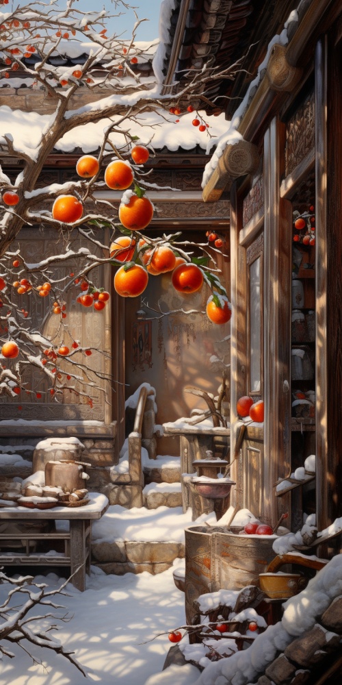 大雪中的农家小院，窗口透着暖暖的光线，角落一颗柿子树，挂着几颗通红的果实