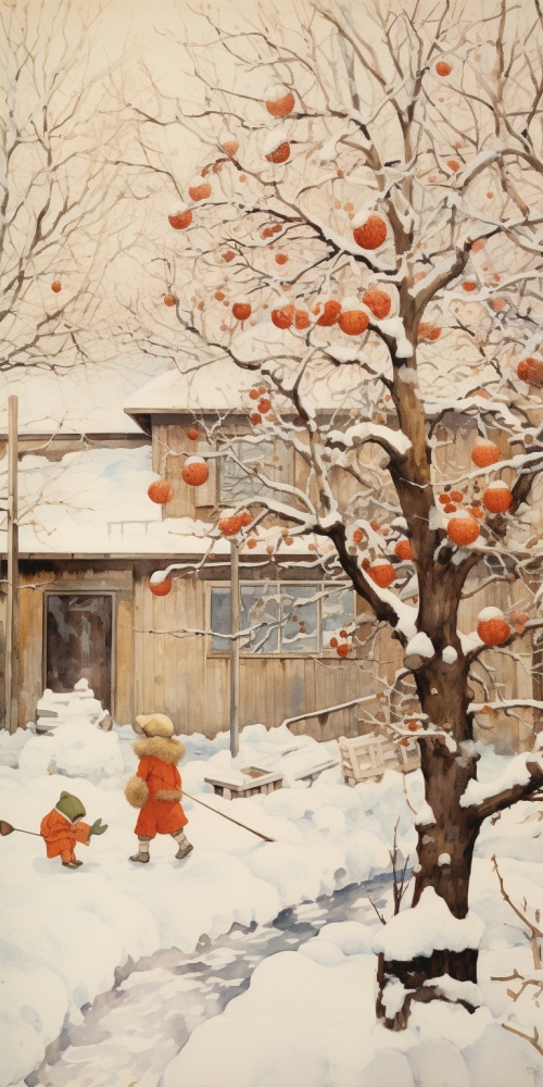 农家小院，下雪天，柿子。玩耍的孩子