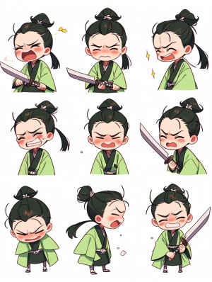 Little boy in blackish green robe, elegant Tang Dynasty poet, holding a long sword. four cute poses and expressions, smile, sad, angry, anticipation. different emotions multiple poss and expressions, Chinese painting, Chibi, illustrations, flatcolors, simple line 2d painting, popular artstations, digital art, pixel style cartoons, lineworks, 8k