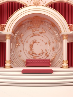 stage in red and gold 3d with ornament 3d scene background stock photo, in the style of uhd image, refined aesthetic sensibility, circular shapes, advertising-inspired,meticulous photorealistic still lifes, white and pink, subtle tonal gradations