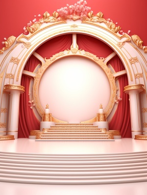 stage in red and gold 3d with ornament 3d scene background stock photo, in the style of uhd image, refined aesthetic sensibility, circular shapes, advertising-inspired,meticulous photorealistic still lifes, white and pink, subtle tonal gradations