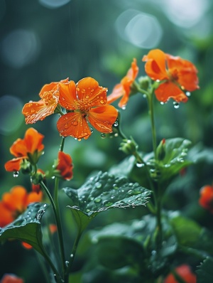 雨后橘红色的百日菊、花上有水珠，高清图
