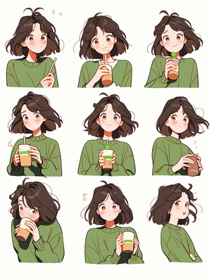 Cute Cartoon Girl: 9 Poses and Expressions