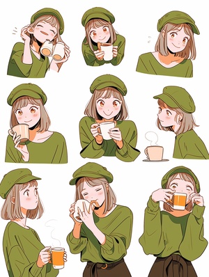 Cute Cartoon Girl: 9 Poses and Expressions