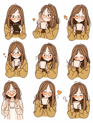 Cute Cartoon Girl: 9 Poses and Expressions