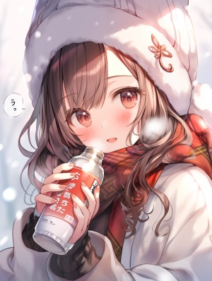 一个女孩喝雪碧加字幕，系着围巾，戴着白色的可爱帽子。，外面是下雪的冬天，女孩穿着白色可爱毛衣，长腿袜。棕色头发，棕色眼睛，