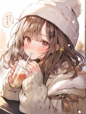 一个女孩喝雪碧加字幕，系着围巾，戴着白色的可爱帽子。，外面是下雪的冬天，女孩穿着白色可爱毛衣，长腿袜。棕色头发，棕色眼睛，