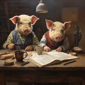书桌上的两只小猪穿着衬衫坐着在看书