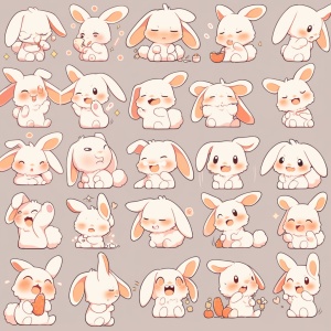 sheet of cute rabbit stickers，various postures and expressions, different emotions, various poss and expressions, a individual ui design app icon Ulinterface happy delight joyful brandnew ar 3:4style cute s 180