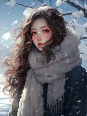 冬天，大雪，最高画质，杰作，精美的cg，萝莉偏正脸，可爱精致的鼻子，大眼睛，抬头望着天空，精致的嘴唇，棕色长发，黑色瞳孔，光影背景，朦胧的光影笼罩全身，全身像，围巾，画面居中，超高清，16K一个女孩站在满是大雪的小院，穿着红色卫衣，卫裤，带着蓝色的花围巾，大大的眼睛，长长的睫毛，棕色眼睛，精致五官，黑色长卷发，花色发夹，正面照，开心的的表情，近景照8k超高清画质,夜景，远去天空中挂着圆圆的月亮，全身照