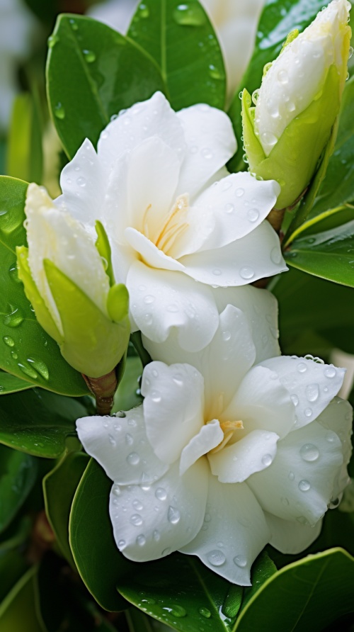几朵白色栀子花和绿色花苞,有露珠,露珠,背景虚化 ,超高清,真实 ，高清壁纸 v 5.1