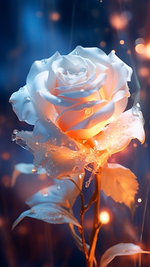 亮色，美丽的白色透明闪光玫瑰，花杆细长，花瓣偏大，花瓣上的露珠清晰可见，自然背景，透明感，火焰感，光晕感，8k超高清