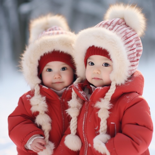 一对可爱的宝宝，在冬季的雪地上，穿着红色衣服，半身照，超写实风格，雪地里的一道温柔的阳光，