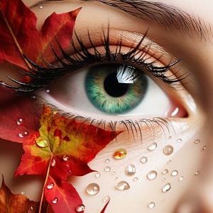 绿色眼睛，一滴眼泪，耳钉，迷人的，画面丰富多彩，飘落的枫叶，盛开的玫瑰花，背景华丽