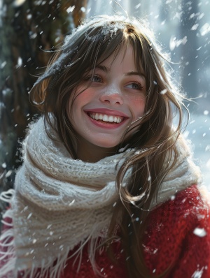 1girl,solo,scarf,long_hair,smile,white_scarf,snow,looking_at_viewer,brown_hair,sweater,winter,blurry,outdoors,upper_body,blurry_background,watermark,realistic,artist_name,snowing,teeth,grin,tree,red_sweater,lips,web_address
