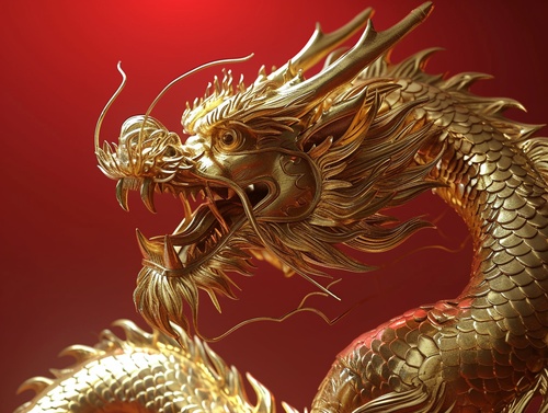 A Chinese golden dragon, circular, very bright, made of very bright gold material, nickel plated, with very fine details, very bright, leaving half of the space to fill the background with red, front,ultra-detailed,octane rendering,UHD,3D rendering,detailed intricate,hyper realistic,octane rendering,HDR,UHD,Best quality,16K,studio light,detailed intricate,cinematic style,reflect lights s 252 ar 1:1 style raw v 5.2