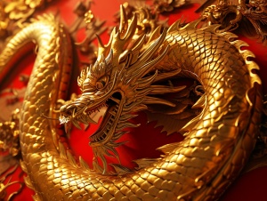A Chinese golden dragon, circular, very bright, made of very bright gold material, nickel plated, with very fine details, very bright, leaving half of the space to fill the background with red, front,ultra-detailed,octane rendering,UHD,3D rendering,detailed intricate,hyper realistic,octane rendering,HDR,UHD,Best quality,16K,studio light,detailed intricate,cinematic style,reflect lights s 252 ar 1:1 style raw v 5.2