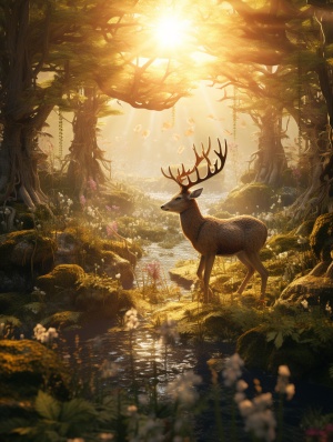 麋鹿，精灵，梦幻，森林，阳光普照，背景丰富，