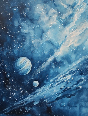 木星，背景是星空，浅蓝色水彩