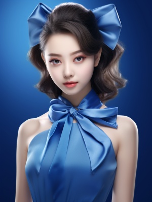 时尚中国女性3D渲染：蓝色高领衣服与蝴蝶结
