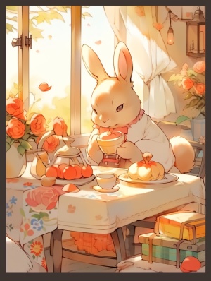 浅橙色和浅琥珀色兔子手持篮子，浪漫花园花景