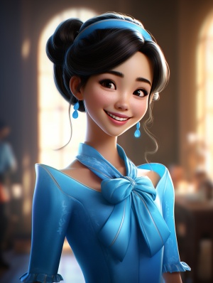 蓝色大大蝴蝶结下的中国漂亮女人