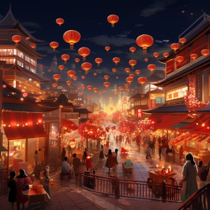 春节热闹的场景，张灯结彩，很多人在闹市上买年货，高清，红色为主题色