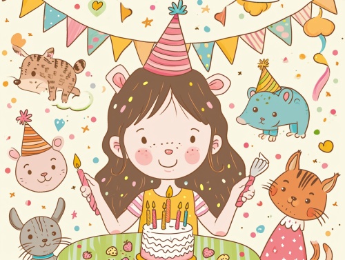 卡通Q版女孩，戴着生日帽，对着蛋糕许愿，脸上挂着大大的笑容，可爱的动物，热闹的生日派对，Q版矢量图