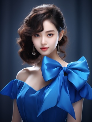 头上带着蓝色大大的蝴蝶结，年轻时尚的中国现代漂亮女人！穿着蓝色的高领衣服，带着首饰，笑容满面，3d渲染