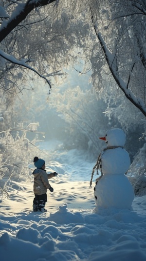 阳光明媚的冬天，中国小男孩在雪地里堆雪人