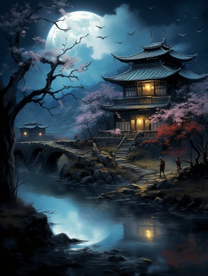 农村，晚上，天空有月亮，地上有一幢中国古屋，一片竹林，一棵梅花树。