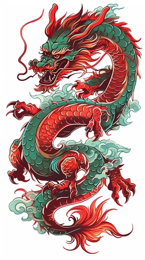 中国龙，Woodcut printmaking，Vector illustration，白色背景