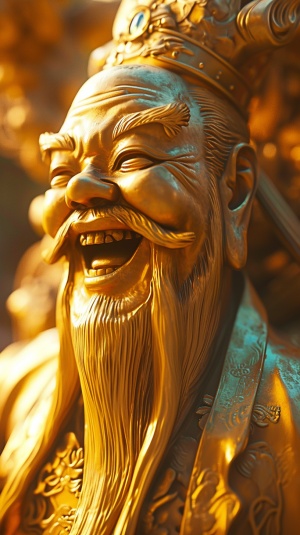 黄金雕像，3d渲染，人物设计，动画gif，彩色动画剧照，宏伟的中国雕像，财神：可爱，白胡子慈祥，c4d，大笑，动画表情