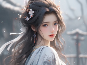 中国古风美少女在宫殿背景下展示精致汉服妆容