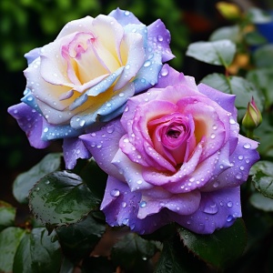 山谷里，有一朵双生玫瑰花，紫色的花瓣，花芯是白色的，一层蓝一层白的花，有的开放了，有的含苞待放，绿色的叶子，露珠落在花朵和叶子上亮晶晶的，阳光洒下来，高清画面
