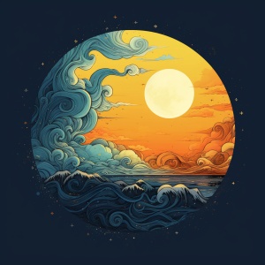 简笔画：太阳与月亮同辉煌，星际争霸，深邃博大，图形为圆形，蓝天、白云，彩虹、极简风格