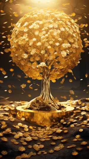 The majestic and most beautiful gold tree is covered with gold coins. The leaves are gold. There are many beautiful golden wild flowers under the tree. It is brilliant, dreamy, light effect, flame, myth background, 4k, 8k, illusion engine, octane rendering, high-definition， 4K.HD