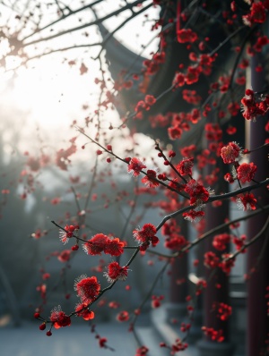 冬天早晨红梅特写，中国古建筑模糊背景，背光，阳光，超精细细节，超高清画质，