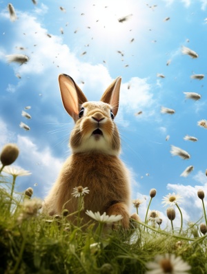 草地上的兔子仰望天空，超高清8K现实鸟
