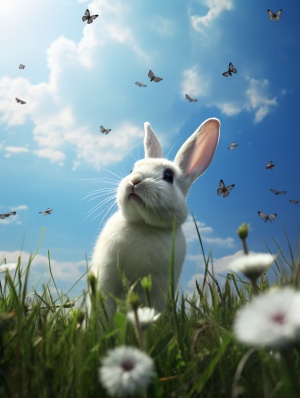一只兔子在草地上，抬头看着天空，飞翔的小鸟，超高清，超现实，8K