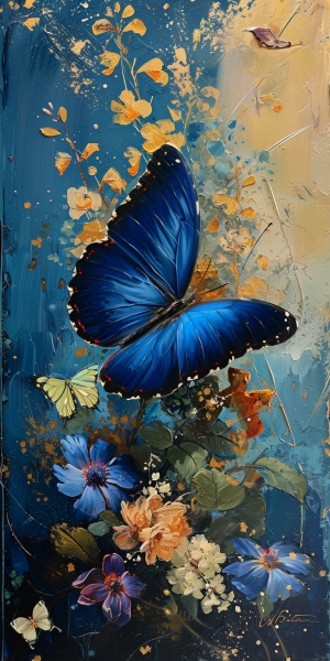 蓝色金色彼岸花中的克莱恩大蝴蝶