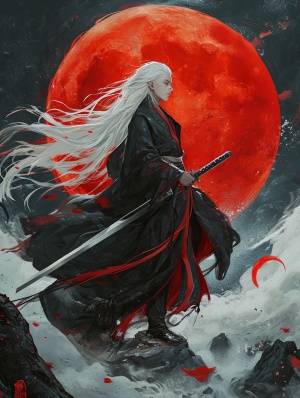 一个身穿黑色锦衣卫飞鱼服的白色长发少年手拿唐横刀踩在山顶上背后一轮红色的满月