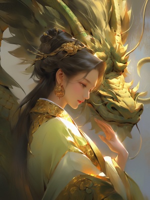 中国龙与黄色华丽的古代美女