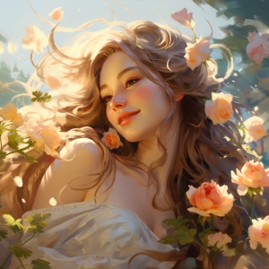 微笑的甜美少女，光照在头发上，随风飘扬，一簇水晶彩色的玫瑰花，阳光明媚，