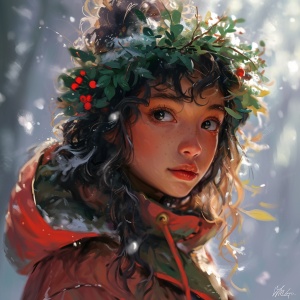 可爱，瓜子脸，黑色眼睛，穿红绿相间的东北花棉袄，卷发，戴着花环，背景是雪后。阳光明媚，精致的五官