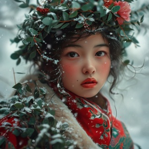 可爱，瓜子脸，黑色眼睛，穿红绿相间的东北花棉袄，卷发，戴着花环，背景是雪后。阳光明媚，精致的五官