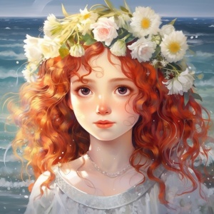 可爱，瓜子脸，黑色眼睛，穿洁白的婚纱，红色的卷发，戴着花环，花瓣上有许多露珠，背景是海滩。阳光明媚，精致的五官，