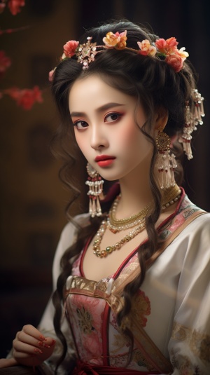 中国古风美少女，红晕微笑，精致完美五官