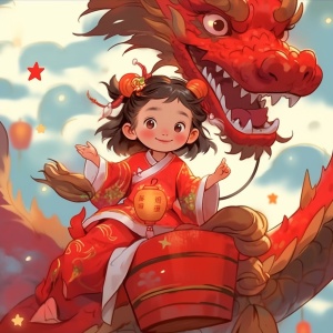 一个小女孩坐在一条龙的顶部，以星星艺术小组 (xing xing) 的风格，漫画般的插图，chinapunk，红色，超现实主义，villagecore，动画